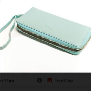 Mint green saffiano leather wallet.